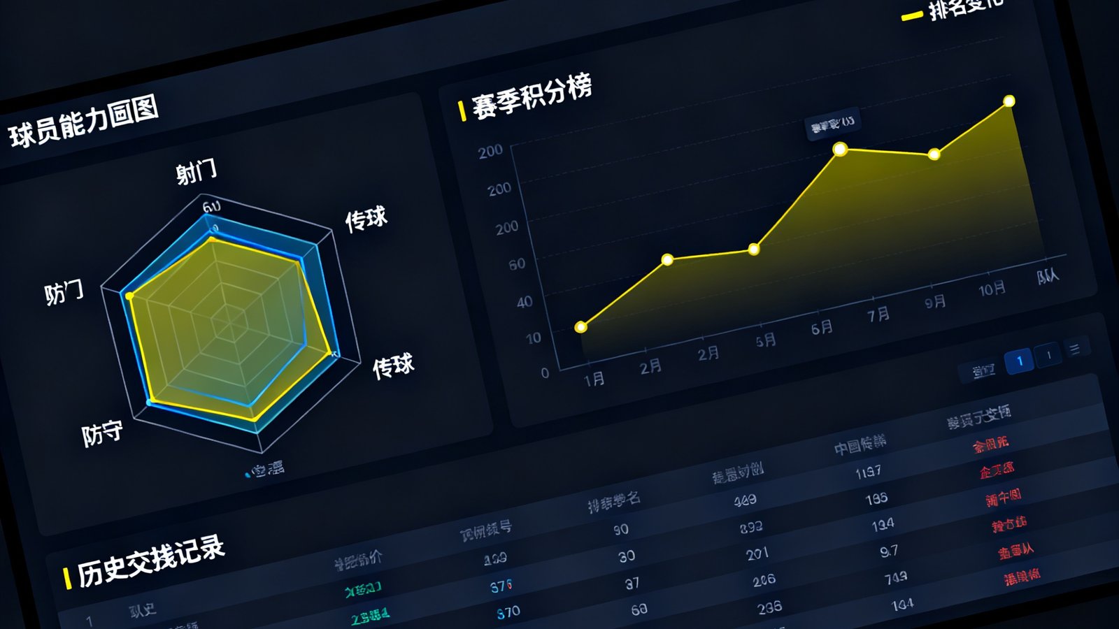 人人体育数据统计页面截图，左侧为球员能力雷达图以六边形展示射门传球防守等指标，右侧为赛季积分榜折线图呈现各队排名变化，底部有历史交锋记录表格，整体深色界面配明亮色数据标注